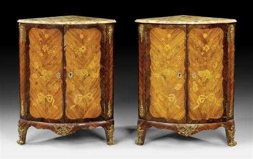 Appraisal: PAIR OF ENCOIGNURES WITH FLORAL MARQUETRY Louis XV attributed to