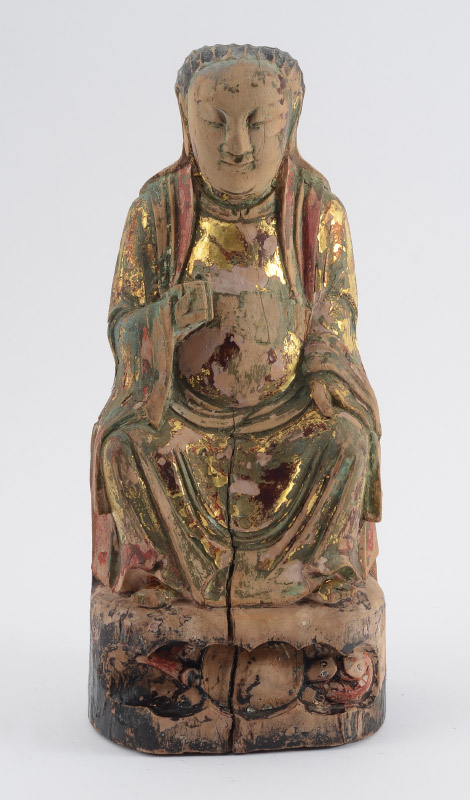 Appraisal: CHINESE PARCEL GILT POLYCHROME SEATED FIGURE th century carved wood