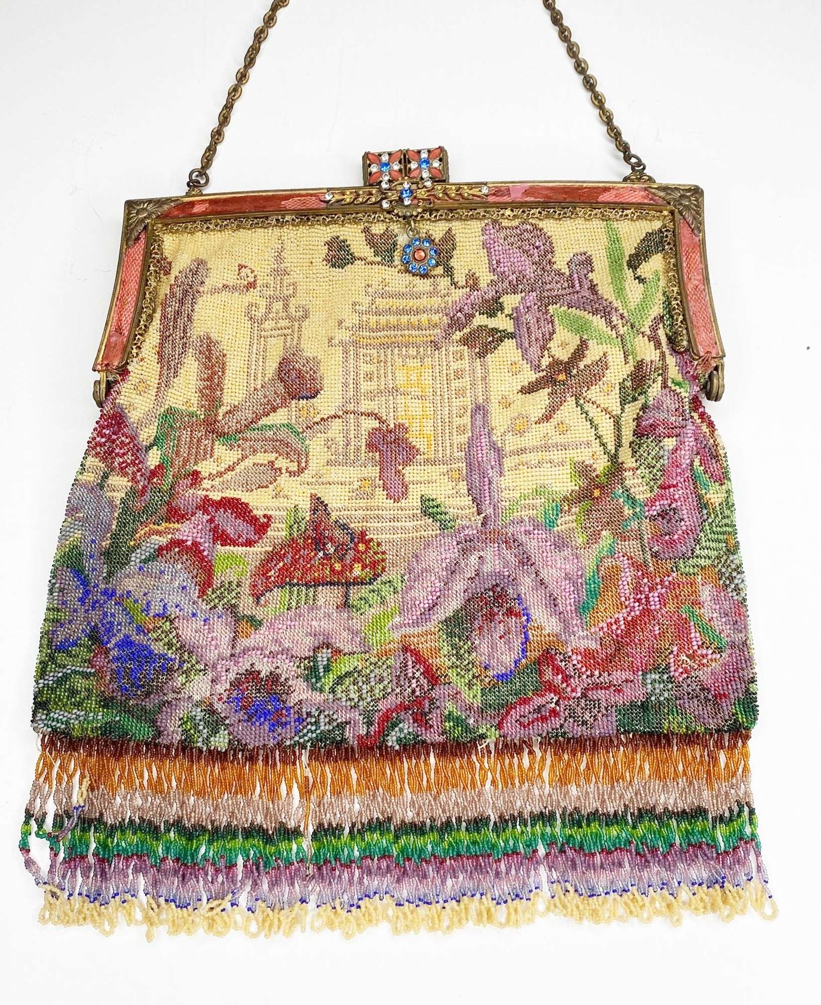 Appraisal: Micro Beaded Evening Bag with Asian Garden scene Jeweled and