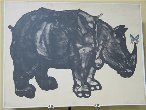 Appraisal: TH CENTURY RHINOCEROS AND BUTTERFLY Silk screen x in Provenance