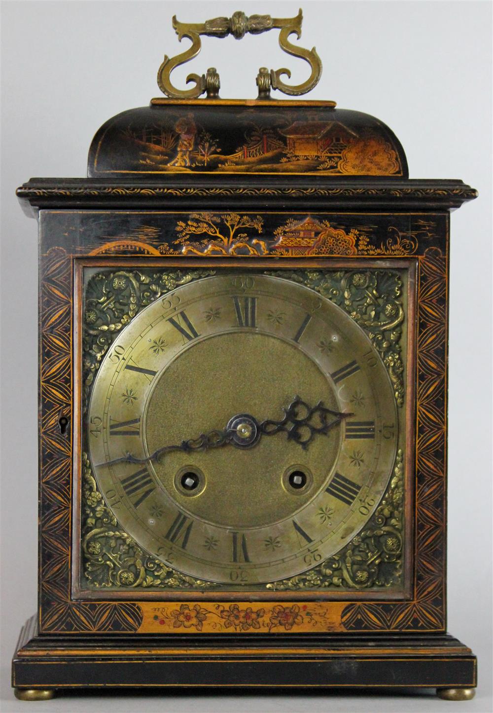 Appraisal: BLACK AND GOLD CHINOISERIE CLOCK marked to interior pendulum is