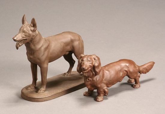 Appraisal: Two Meissen B ttger Stoneware Figures of a German Shepherd