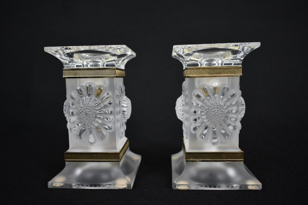 Appraisal: PAIR OF GILT METAL MOUNTED FROSTED GLASS CANDLESTICKSModern Appears to