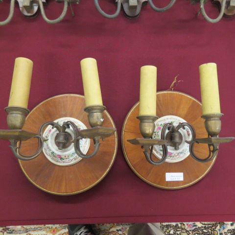 Appraisal: Pair of Wall Sconces brass porcelain and wood double light