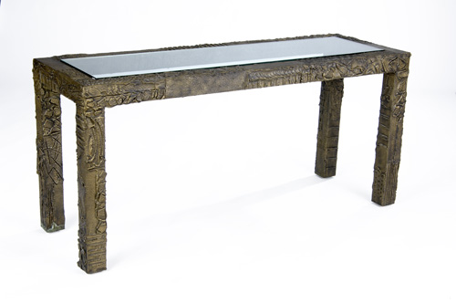 Appraisal: PAUL EVANS Sculpted Bronze console table with inset plate glass