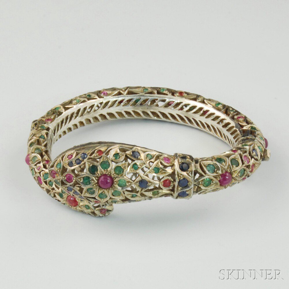 Appraisal: Indian-style Silver Gem-set Snake Hinged Bangle Bracelet unmarked the heavy