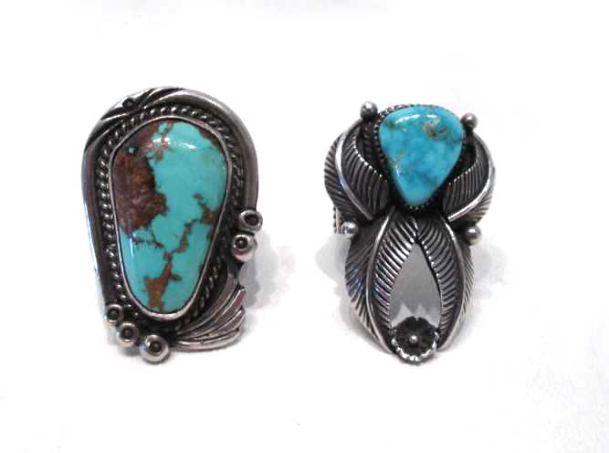 Appraisal: TWO NAVAJO SILVER AND TURQUOISE RINGS teardrop shape turquoise stone