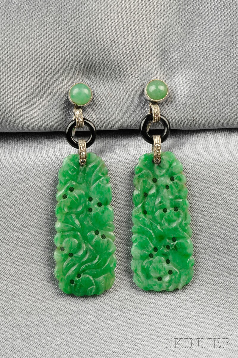 Appraisal: Art Deco Jadeite Onyx and Diamond Earpendants each designed as