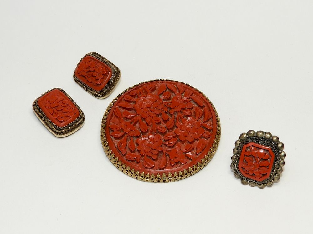 Appraisal: Chinese Carved Cinnabar Lacquer Jewelry Grouping China Early th Century