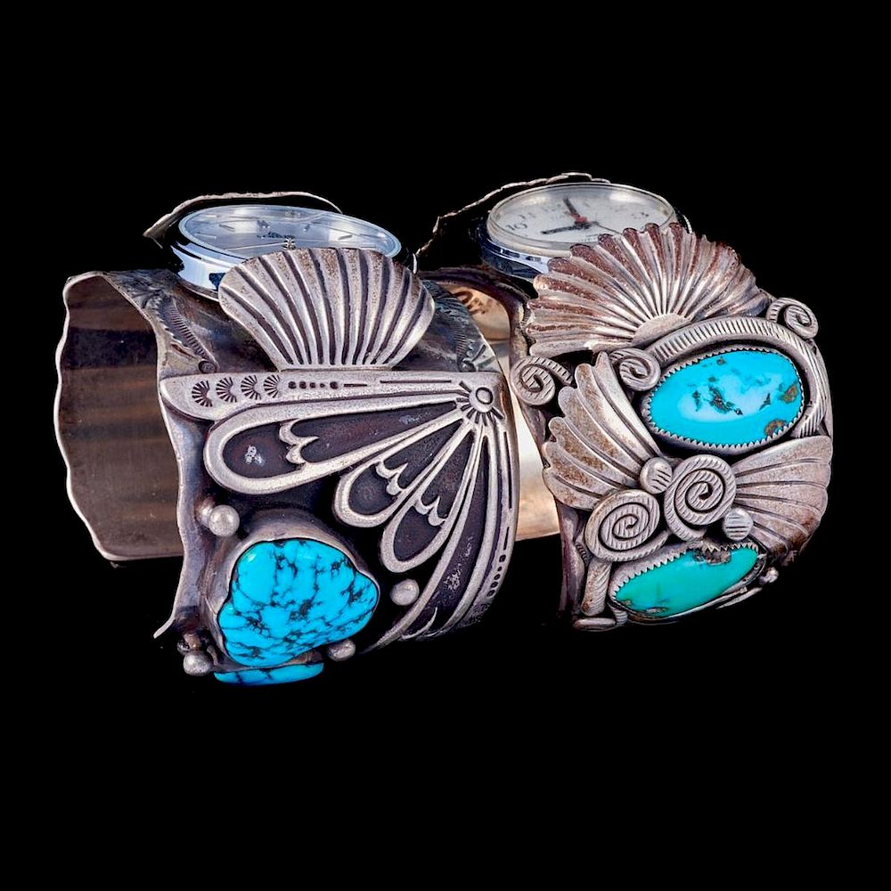 Appraisal: NAVAJO WATCH CUFF BRACELETS Two turquoise and silver watch cuff