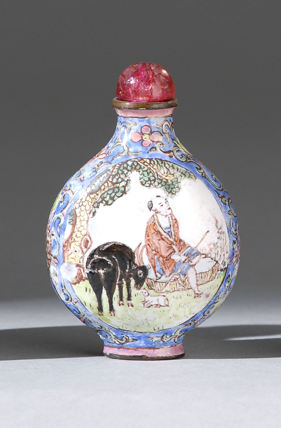 Appraisal: CANTON ENAMEL SNUFF BOTTLE In pear shape With famille rose