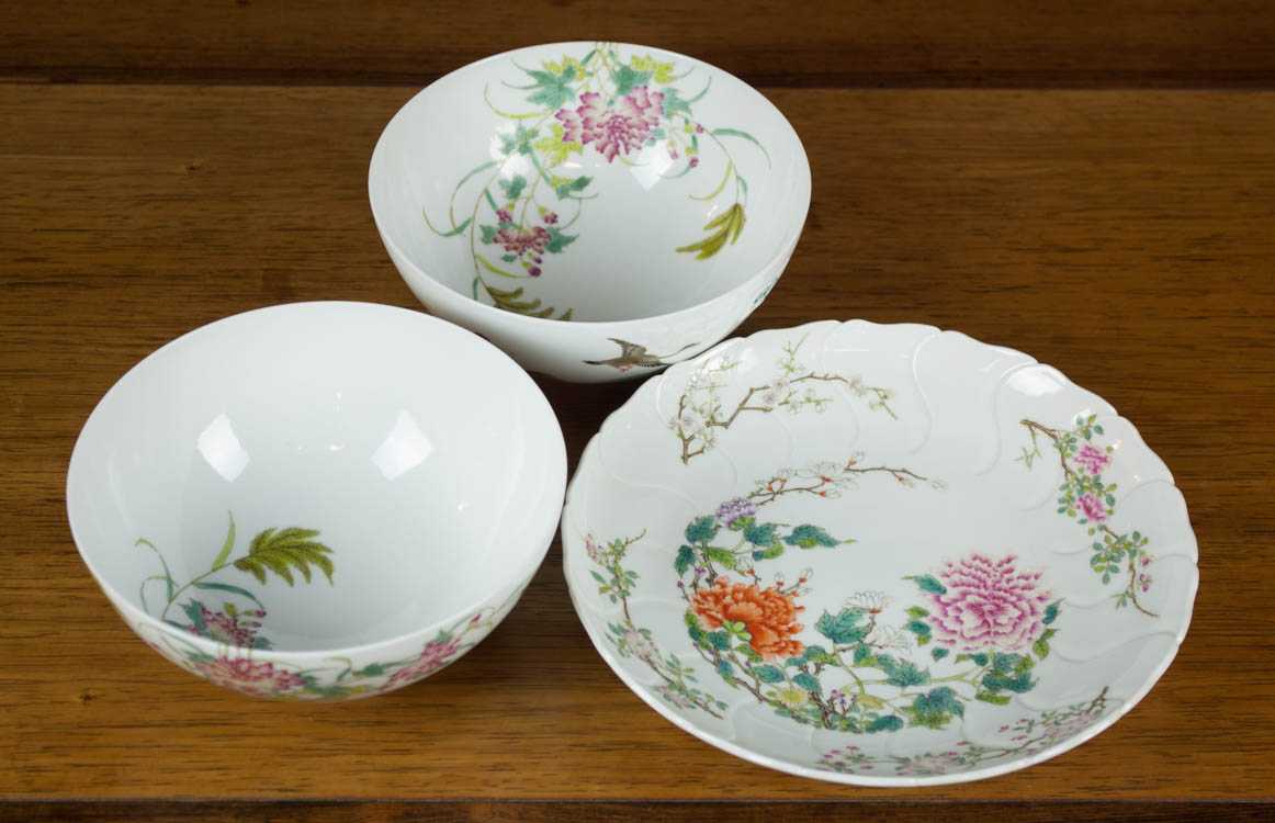 Appraisal: THREE CHINESE FAMILLE ROSE PORCELAINS each finely hand enameled and