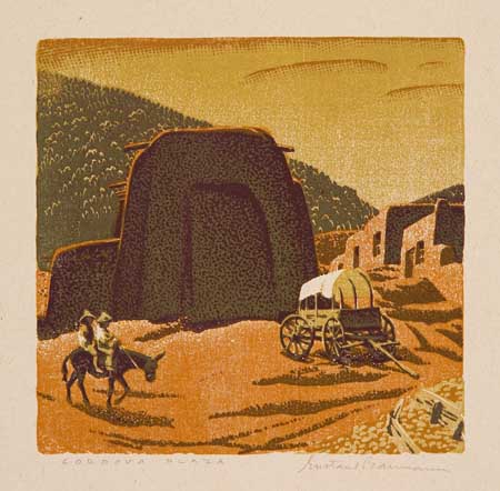 Appraisal: GUSTAVE BAUMANN Cordova Plaza New Mexico Color woodcut on oatmeal-flecked