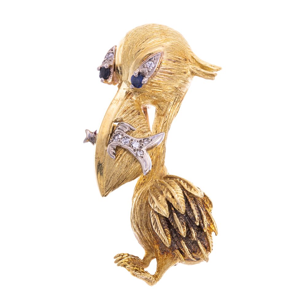 Appraisal: An K Vintage Whimsical Pelican with Fish Brooch K yellow