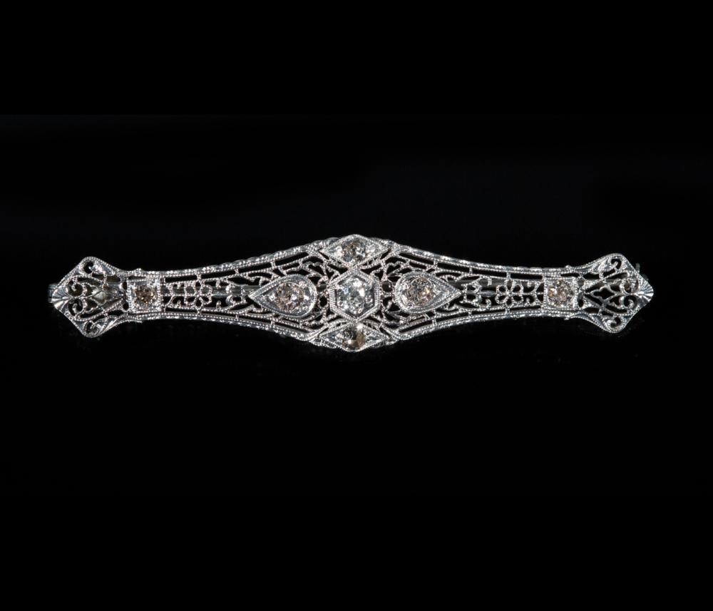 Appraisal: Art Deco kt White Gold Filigree and Diamond Bar Pin