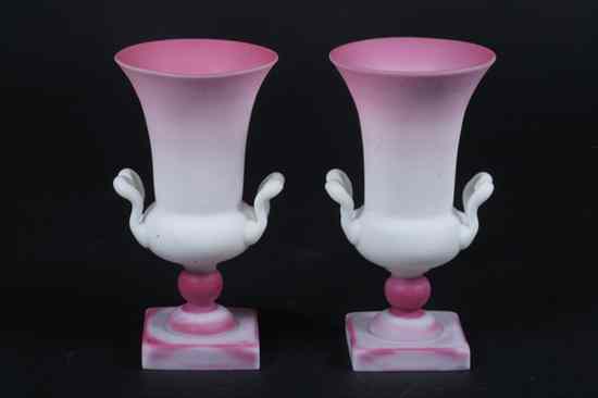 Appraisal: PAIR PEACHBLOW SATIN GLASS URNS possibly Libbey - in high