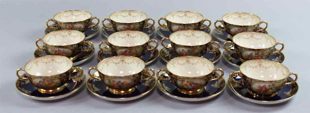 Appraisal: TWELVE DRESDEN BLUE GROUND TWO-HANDLED CABINET CUPS AND SAUCERS blue