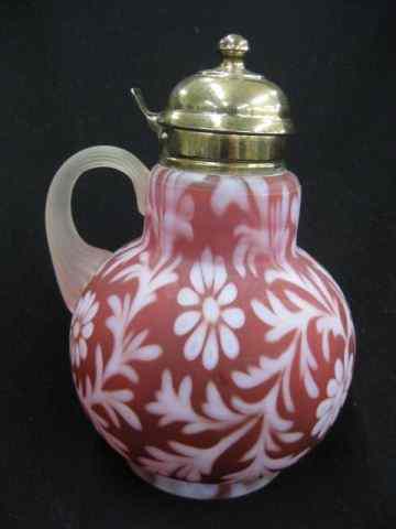 Appraisal: Victorian Cranberry Satin Art Glass Syrup Pitcher floral vine ''