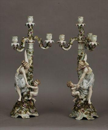 Appraisal: Pair of German Gilt and Polychrome Decorated Porcelain Figural Four-Light