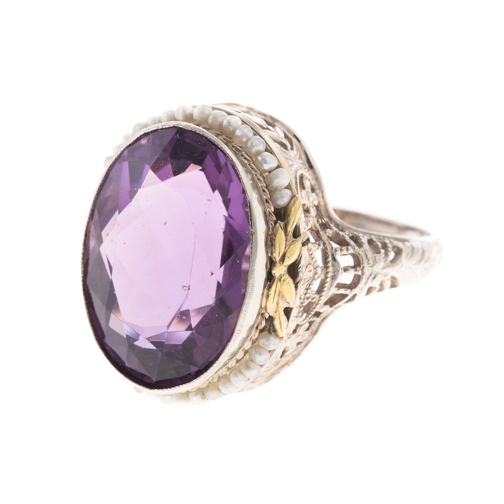 Appraisal: An Art Deco Filigree Amethyst Seed Pearl Ring K white