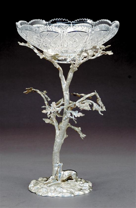 Appraisal: Silverplate and crystal compote tree-and-leaf form pedestal supporting scalloped bowl