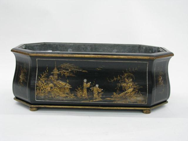 Appraisal: Chinese Chinoiserie Black Lacquer Planter with traditional decor removable zinc