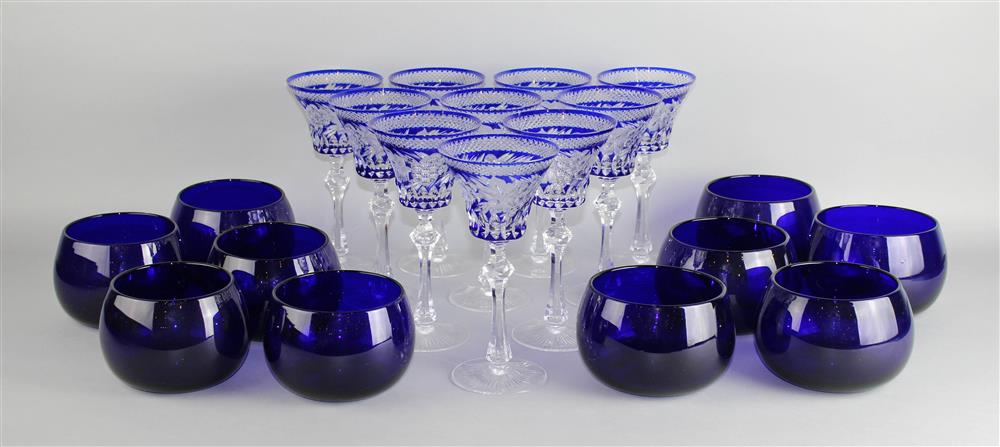 Appraisal: TEN KNITTEL BLUE OVERLAY ENGRAVED GOBLETS AND TEN BLUE GLASS