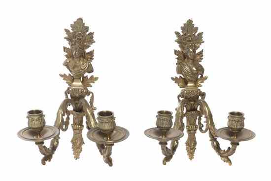 Appraisal: A Pair of Gilt Bronze Two-Light Sconces each having a