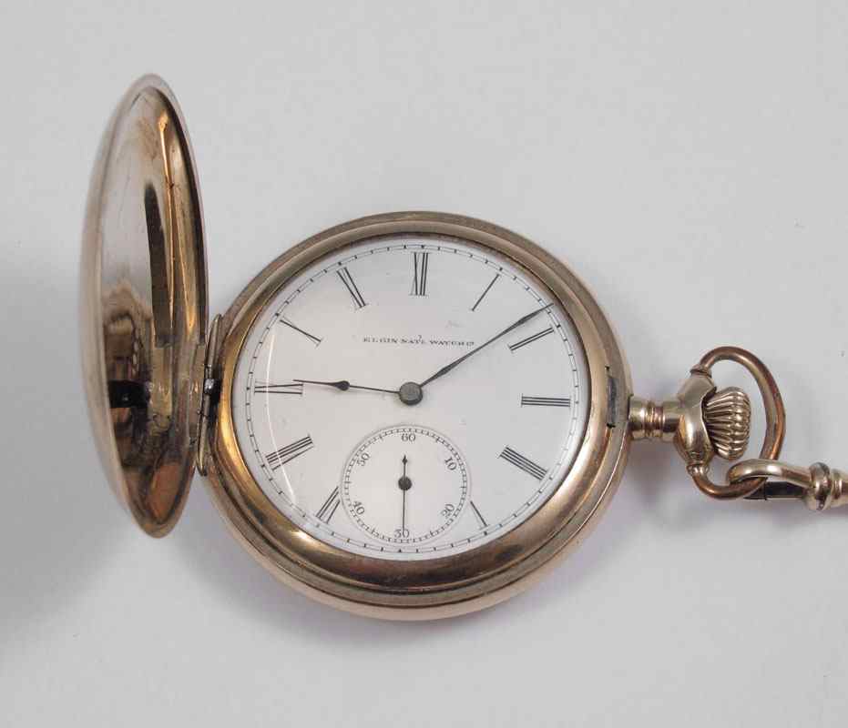 Appraisal: SIZE ELGIN HUNTERS CASE POCKET WATCH AND CHAIN Ca Inscriptions