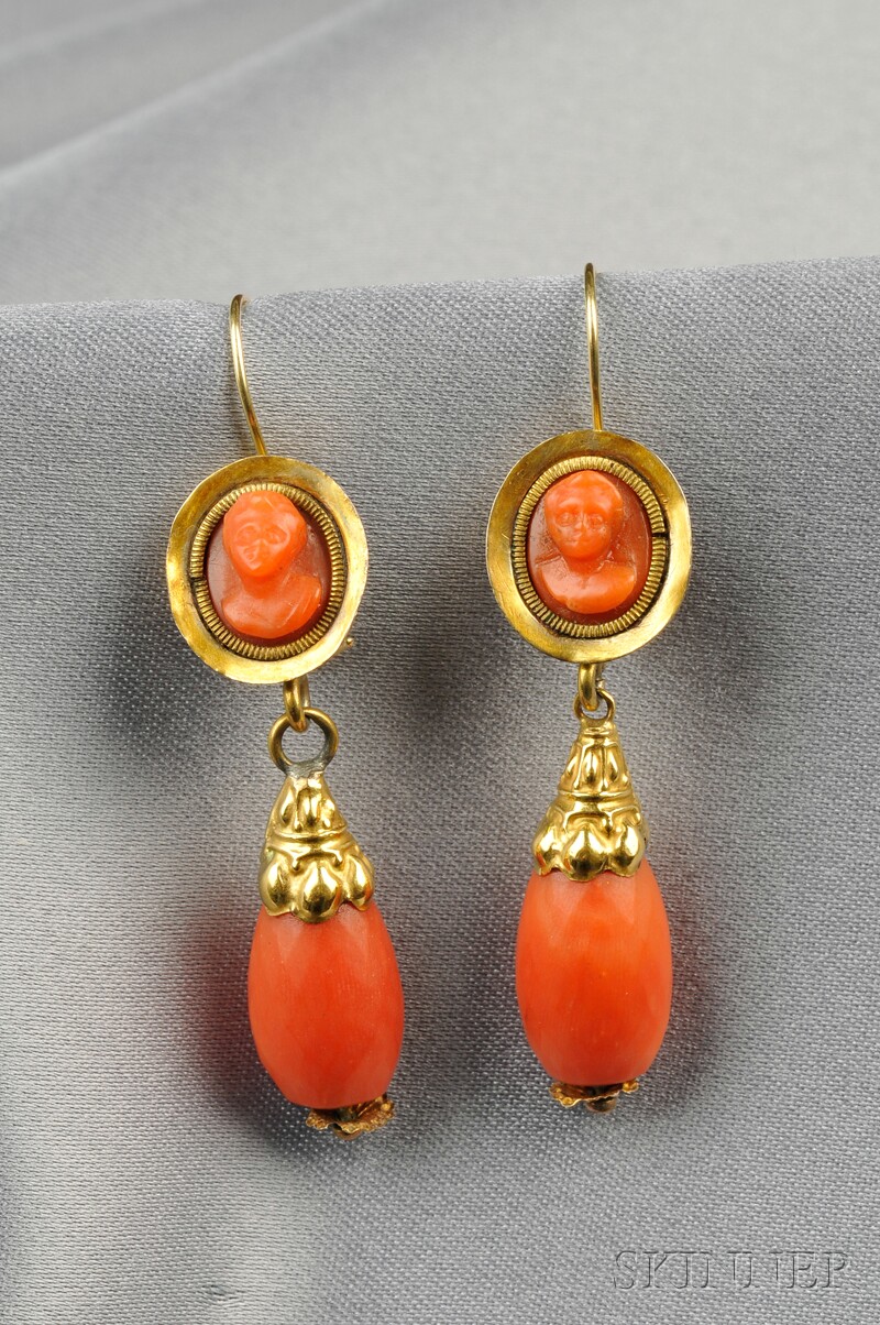 Appraisal: Antique Coral Earpendants each bezel-set coral cameo top within ribbed