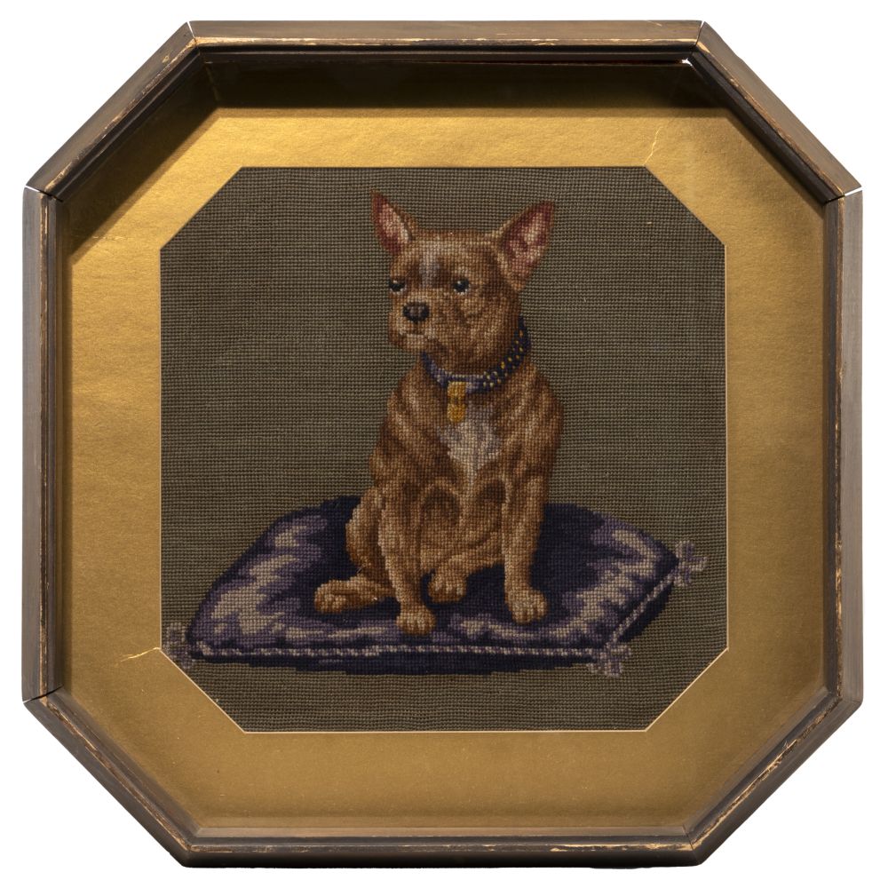 Appraisal: FRENCH BULLDOG NEEDLEPOINTBrindle color dog sitting on a blue pillow