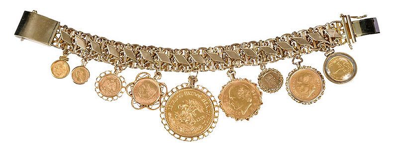 Appraisal: kt Bracelet with Gold Peso Charms fancy link bracelet nine