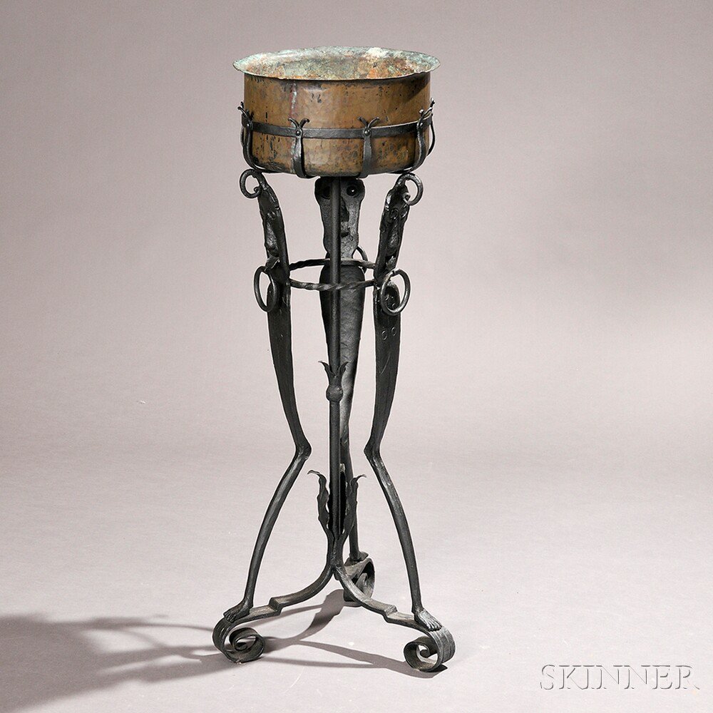 Appraisal: Planter on Stand Iron and copper th century Round hammered