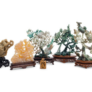 Appraisal: Six Chinese Jadeite and Hardstone Carvings comprising three jadeite bird