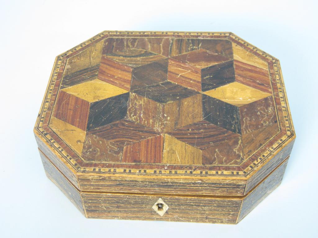 Appraisal: A th Century Tunbridge Ware octagonal Box with cube pattern