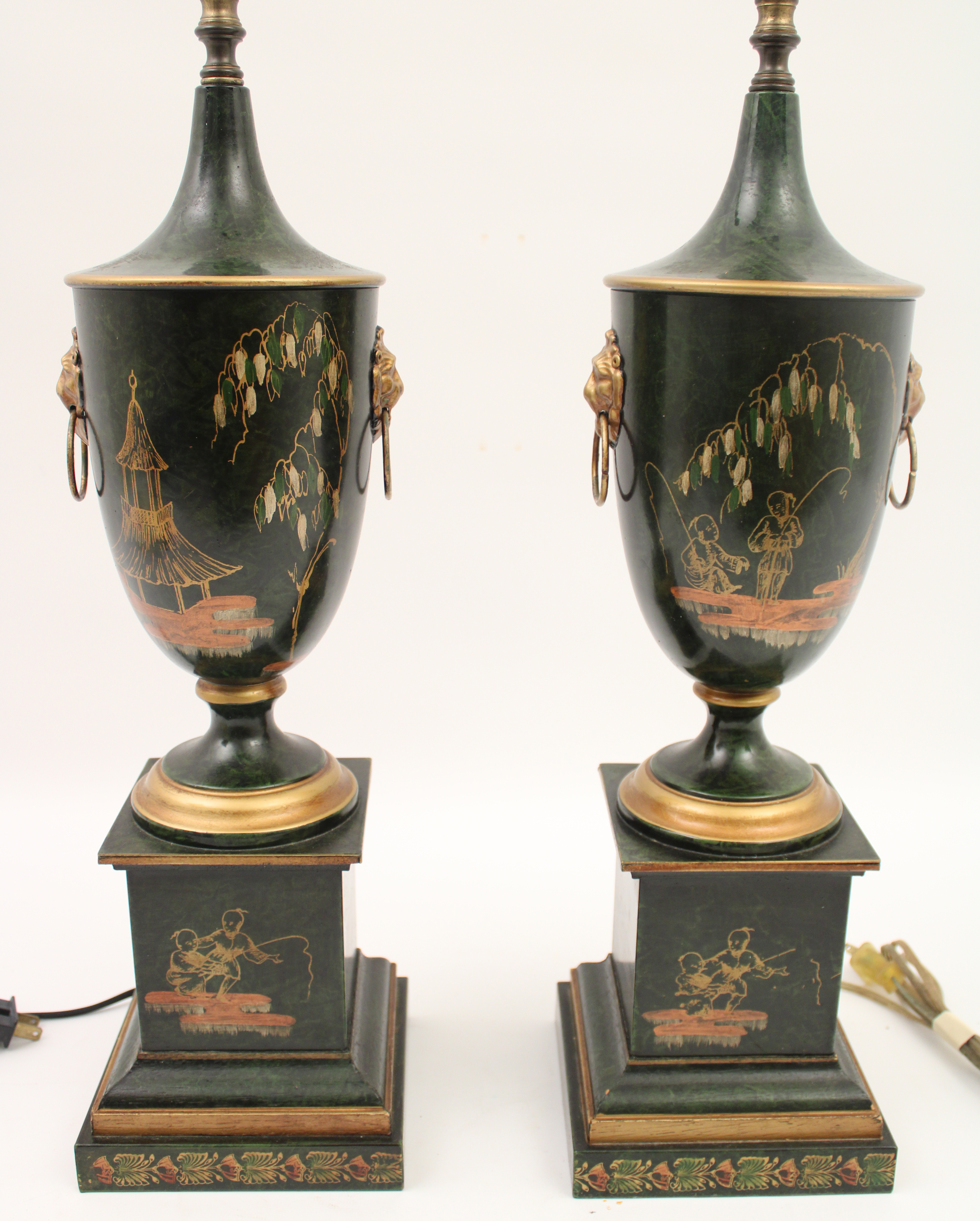 Appraisal: PAIR OF FRENCH GREEN TOLE CAPPED URNS Pair of French