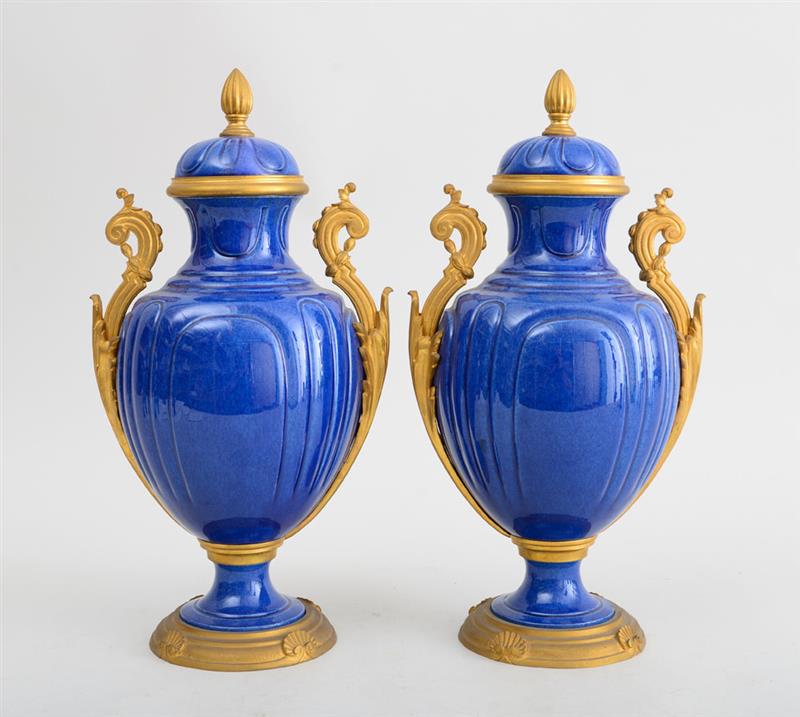 Appraisal: PAIR OF LOUIS XVI STYLE GILT-METAL-MOUNTED S VRES STYLE BLUE-GLAZED