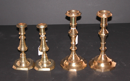 Appraisal: Two Pairs of Brass Candlesticks including Victorian Beehive Examples Various