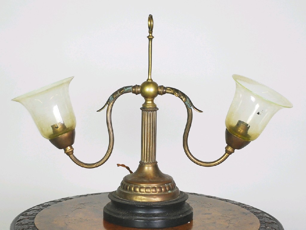 Appraisal: EARLY TWENTIETH CENTURY TWO LIGHT VASELINE GLASS AND GILT METAL