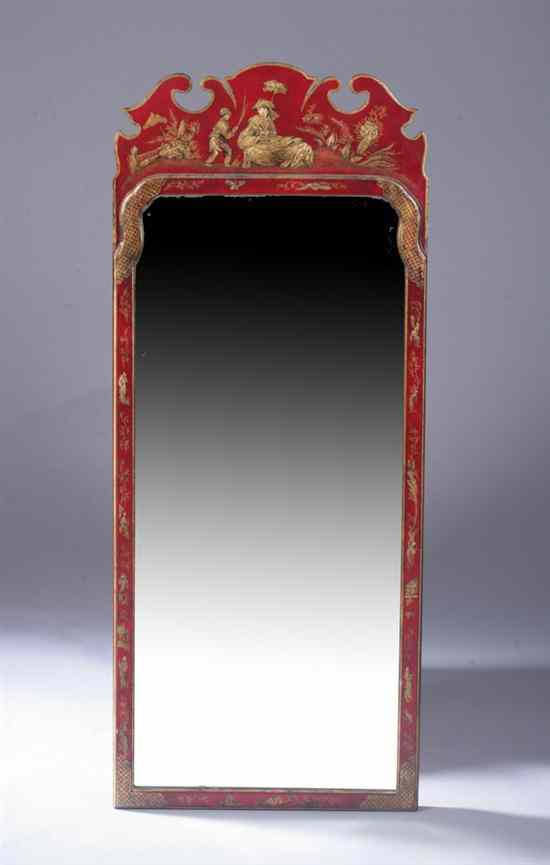 Appraisal: QUEEN ANNE STYLE RED-LACQUERED AND PARCEL-GILT WALL MIRROR Williamsburg Looking