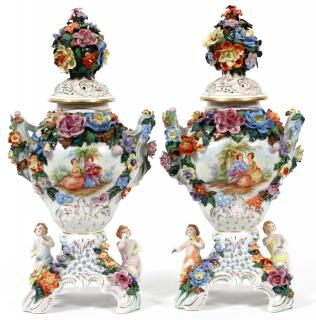 Appraisal: DRESDEN PORCELAIN COVERED MANTEL URNS C PAIR DRESDEN PORCELAIN COVERED