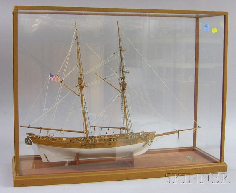 Appraisal: Cased Carved and Painted Wooden Two-masted Sailing Ship Model Albatros