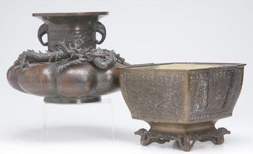 Appraisal: JAPANESE BRONZES Two flower vessels one low squat gourd shape