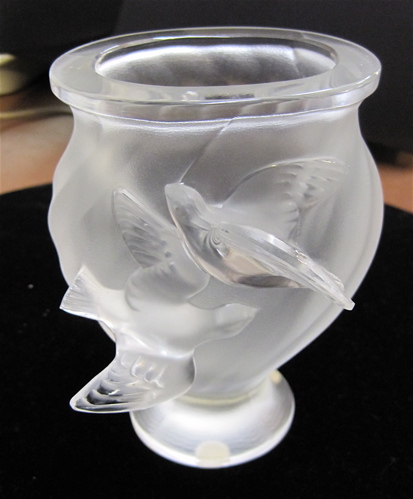 Appraisal: LALIQUE FRANCE CRYSTAL PEDESTAL VASE relief decoration with two doves