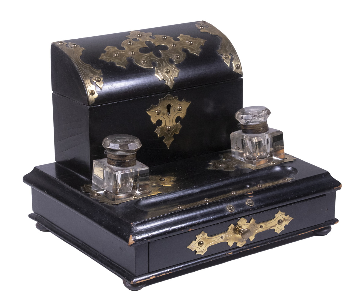 Appraisal: ENGLISH INKSTAND LETTER BOX Victorian Brass Mounted Painted Ebonized Wooden