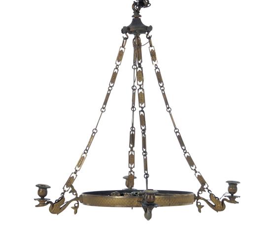 Appraisal: Empire gilt-bronze four-light chandelier frame first half th century cartouche