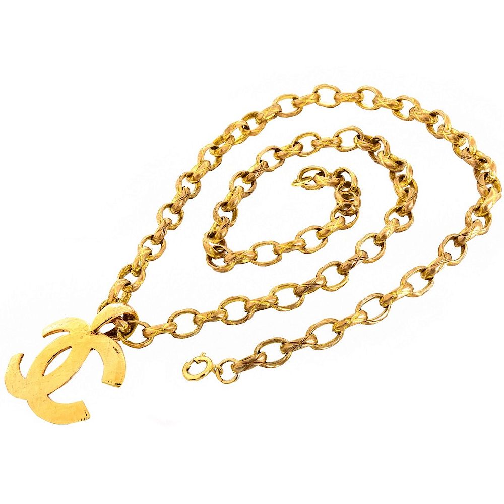 Appraisal: Chanel Gold Tone Matelasse Logo Necklace Chanel Gold Tone Matelasse