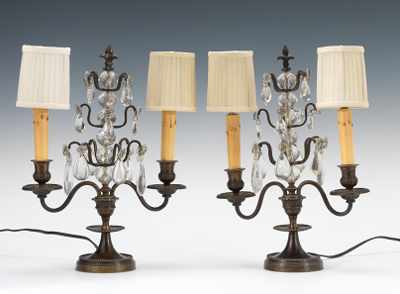 Appraisal: Pair of Bronze Garniture Prism Lamps Warm brown patina on