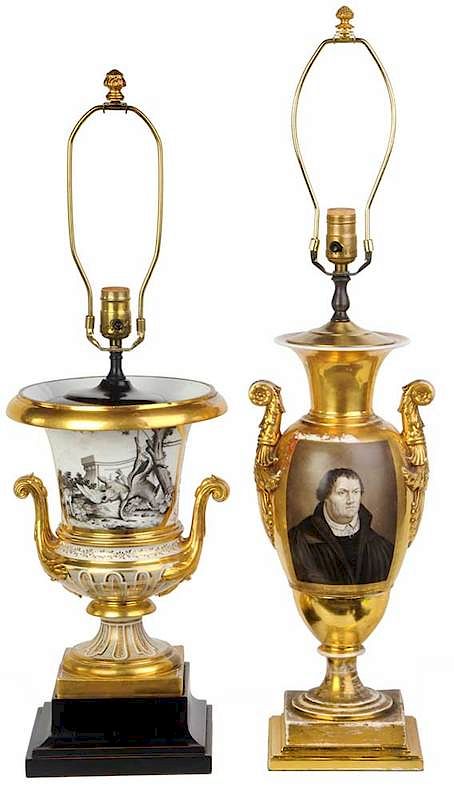 Appraisal: Two Vieux Paris Gilt Porcelain Urn Lamps French late th