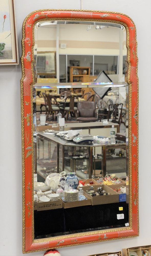 Appraisal: Georgian-style giltwood and red painted mirror with floral chinoiserie decoration